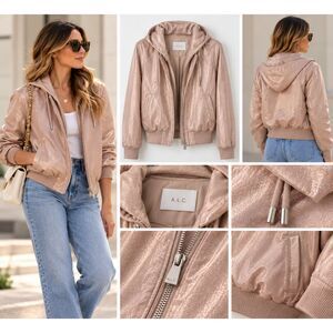 A.L.C. Edison Mixed Media Hooded Bomber Jacket Japanese Fabric Nude Pink XS